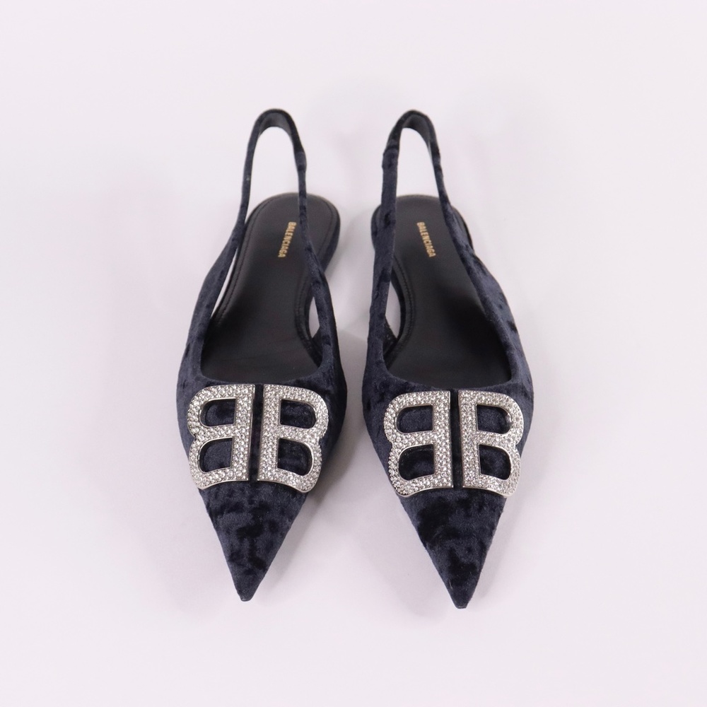 AUTHENTIC BALENCIAGA BB Velvet Crystal BB Knife Pointy Toe Slingback Flats